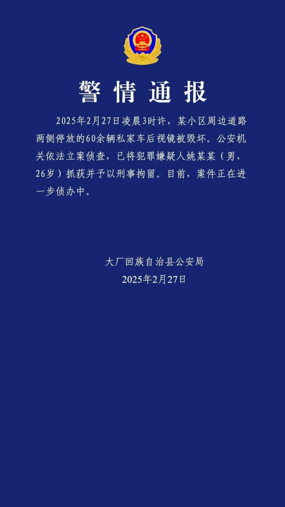 河北大廠縣60餘輛私家車停放路邊後視鏡被毀 警方通報