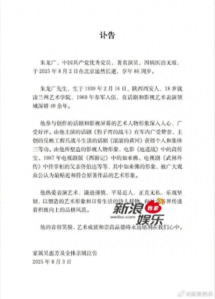 演員朱龍廣去世，曾出演87版《西遊記》中的如來佛，六小齡童發文哀悼