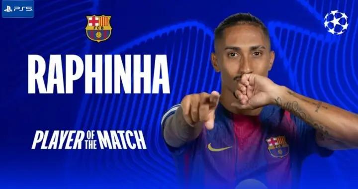 2球2助攻！歐冠官方：拉菲尼亞當選巴薩7-2紐卡全場最佳