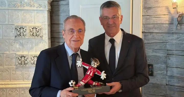 皇馬官方曬照，主席弗洛倫蒂諾與拜仁主席海納在賽前會面